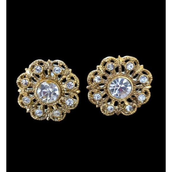 Vintage 1928 Gold Tone Flower Earrings Shiny Rhinestones Pierced - Picture 1 of 3